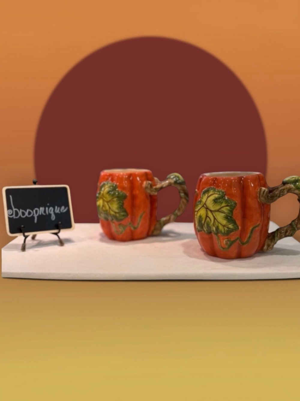Harvest Pumpkin Mugs Set of 2 with Leaf Accent